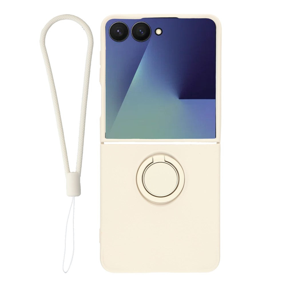 For Samsung Galaxy Z Flip7 5G Silicone Case with Strap Ring Kickstand Phone Cover - White