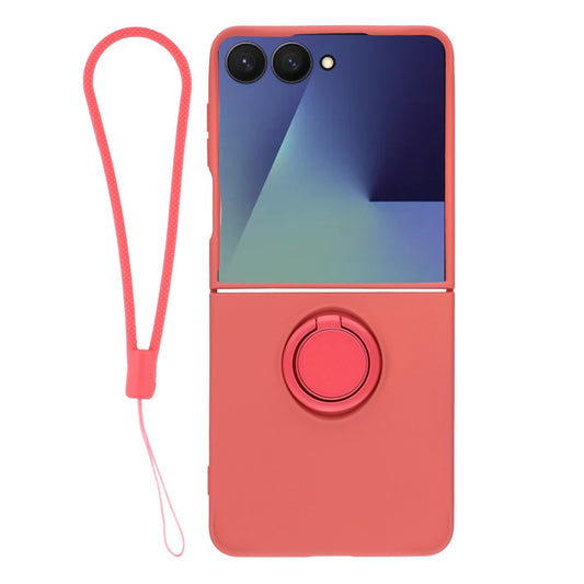 For Samsung Galaxy Z Flip7 5G Silicone Case with Strap Ring Kickstand Phone Cover - Red