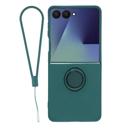 For Samsung Galaxy Z Flip7 5G Silicone Case with Strap Ring Kickstand Phone Cover - Blackish Green