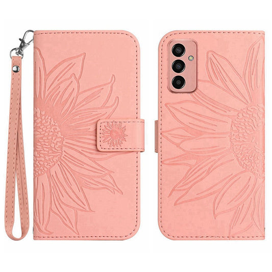 For Samsung Galaxy M23 5G / F23 5G Phone Case, HT04 Drop-proof Skin-Touch PU Leather Imprinted Sunflower Stand Wallet Cover with Hand Strap - Light Pink