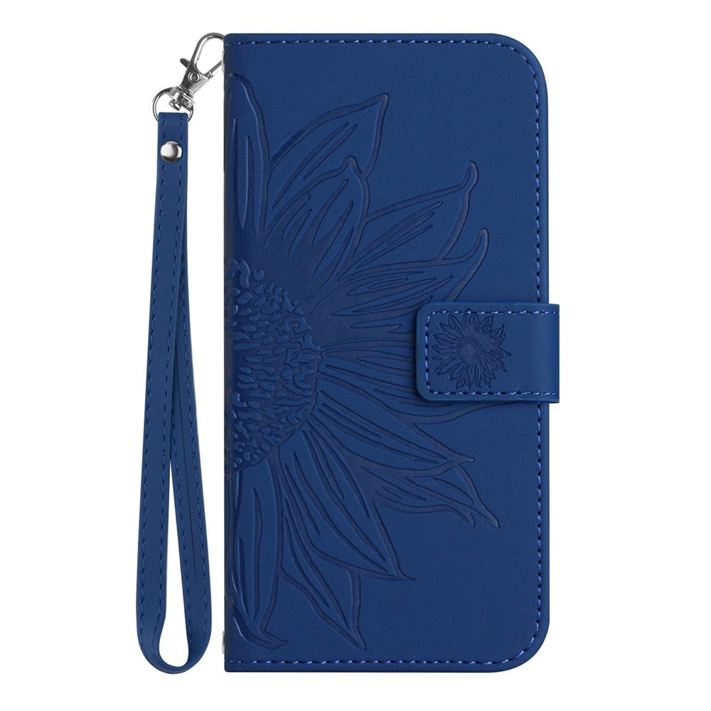 For Samsung Galaxy M23 5G / F23 5G Phone Case, HT04 Drop-proof Skin-Touch PU Leather Imprinted Sunflower Stand Wallet Cover with Hand Strap - Sapphire