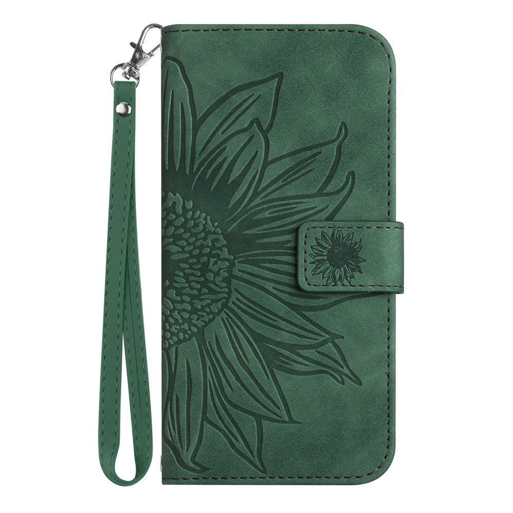 For Samsung Galaxy M23 5G / F23 5G Phone Case, HT04 Drop-proof Skin-Touch PU Leather Imprinted Sunflower Stand Wallet Cover with Hand Strap - Dark Green