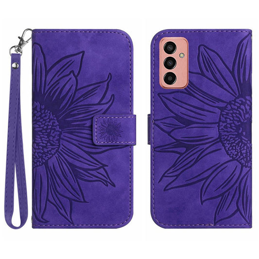 For Samsung Galaxy M23 5G / F23 5G Phone Case, HT04 Drop-proof Skin-Touch PU Leather Imprinted Sunflower Stand Wallet Cover with Hand Strap - Dark Purple