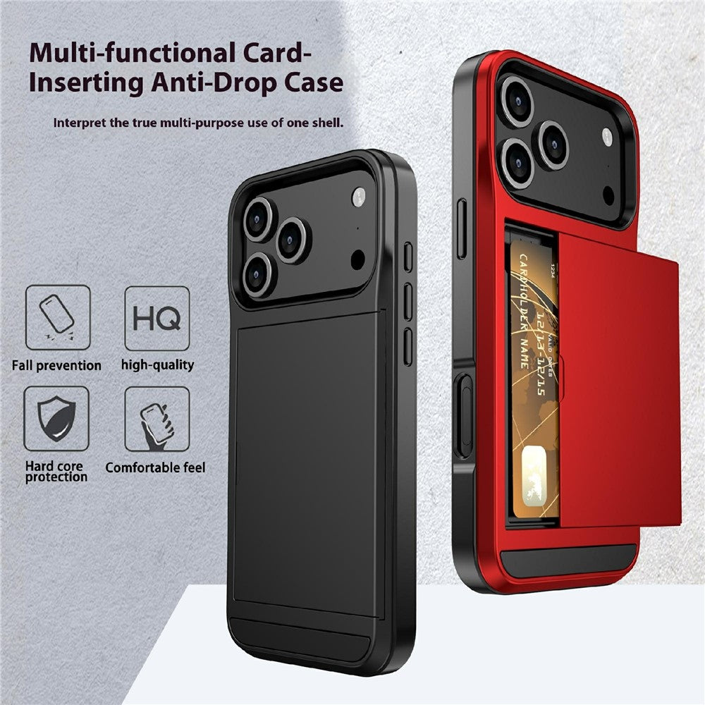 For iPhone 17 Pro Max Case with Sliding Card Holder PC + TPU Phone Back Cover - Red