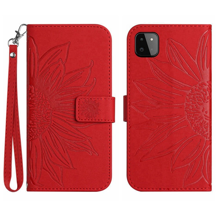 For Samsung Galaxy A22 5G (EU Version) HT04 Skin-Touch Sunflower Imprinted Phone Cover Wallet Scratch-proof Anti-drop Phone Case Stand with Hand Strap - Red