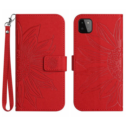 For Samsung Galaxy A22 5G (EU Version) HT04 Skin-Touch Sunflower Imprinted Phone Cover Wallet Scratch-proof Anti-drop Phone Case Stand with Hand Strap - Red
