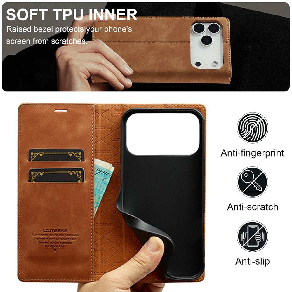 LC.IMEEKE For iPhone 17 Pro Max Case Wallet Microfiber Leather Phone Cover - Brown