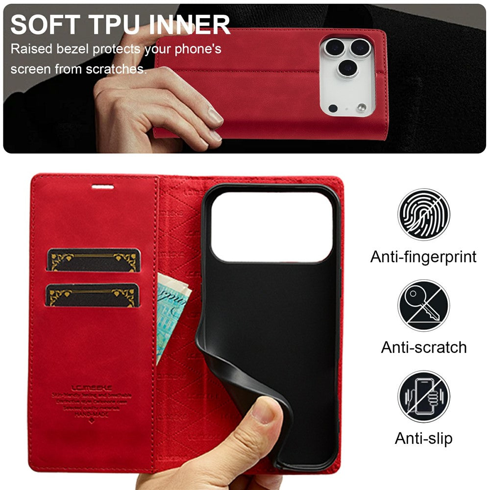 LC.IMEEKE For iPhone 17 Pro Max Case Wallet Microfiber Leather Phone Cover - Red