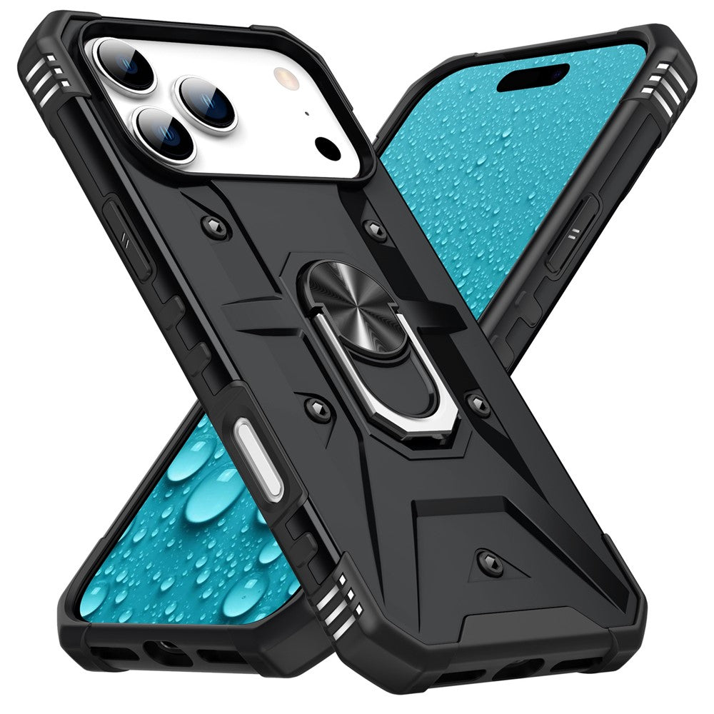 For iPhone 17 Pro Max Case PC + TPU Anti-Drop Phone Cover with Ring Kickstand - Black