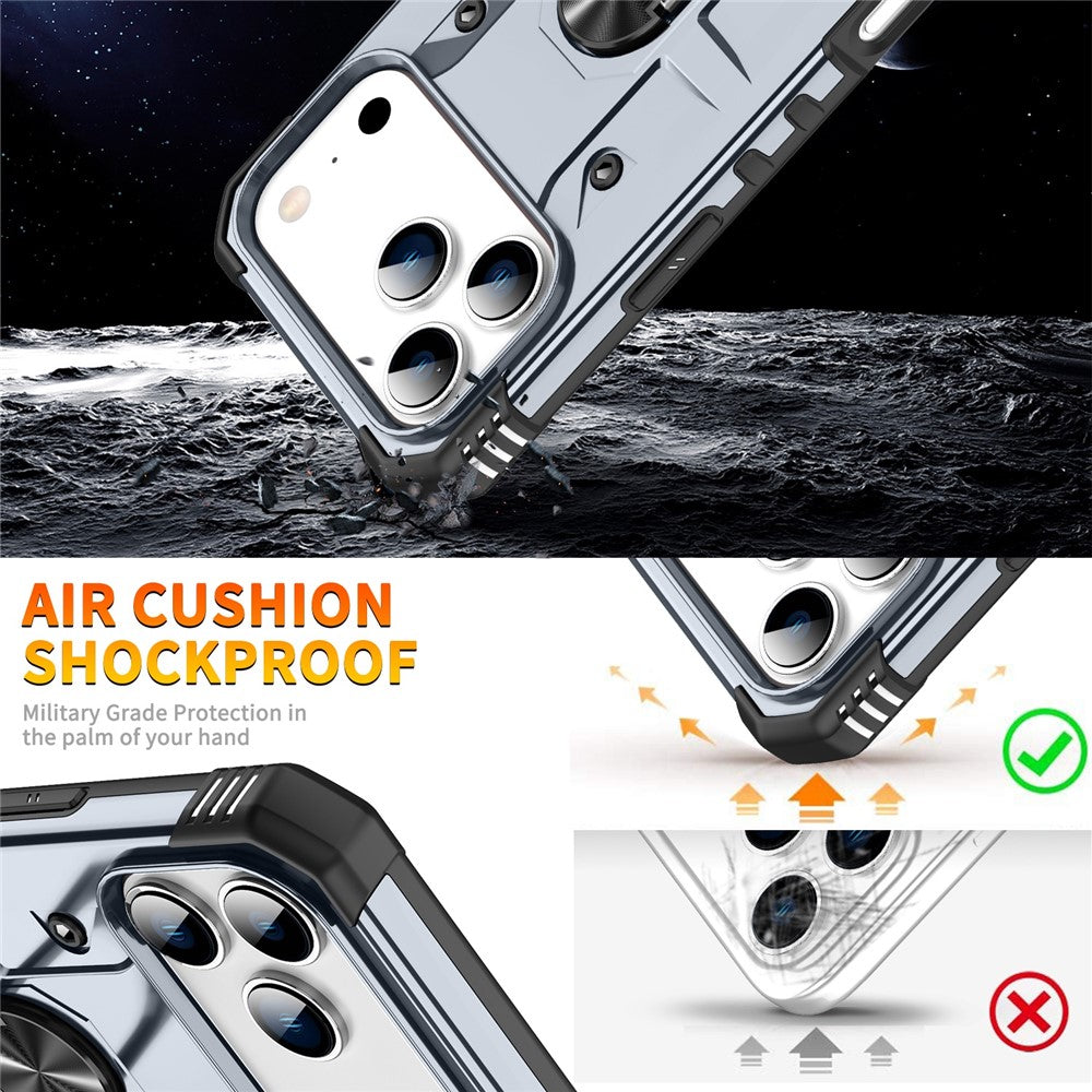 For iPhone 17 Pro Max Case PC + TPU Anti-Drop Phone Cover with Ring Kickstand - Grey