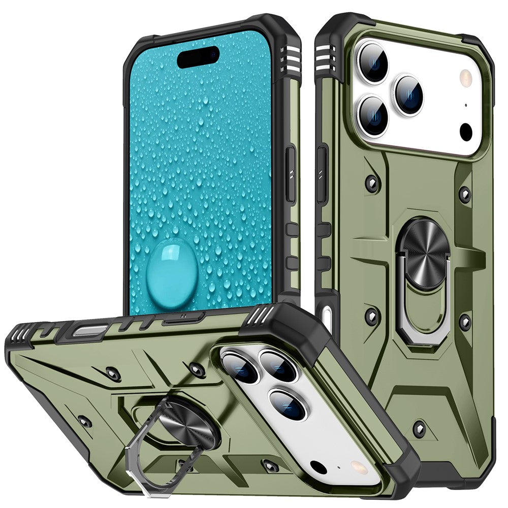 For iPhone 17 Pro Max Case PC + TPU Anti-Drop Phone Cover with Ring Kickstand - Army Green