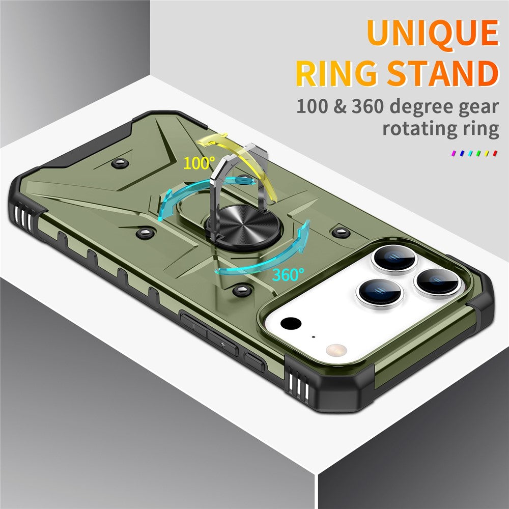 For iPhone 17 Pro Max Case PC + TPU Anti-Drop Phone Cover with Ring Kickstand - Army Green