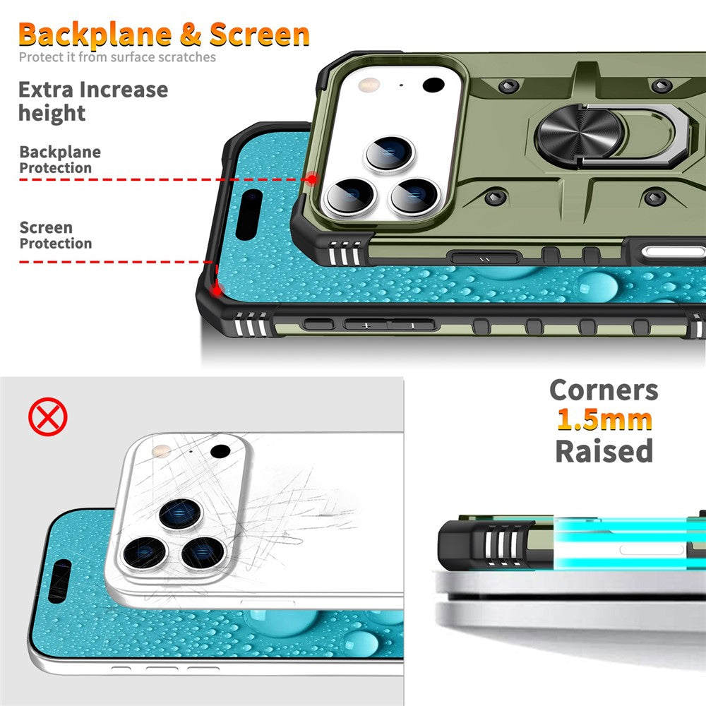 For iPhone 17 Pro Max Case PC + TPU Anti-Drop Phone Cover with Ring Kickstand - Army Green
