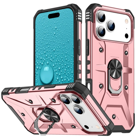 For iPhone 17 Pro Max Case PC + TPU Anti-Drop Phone Cover with Ring Kickstand - Rose Gold