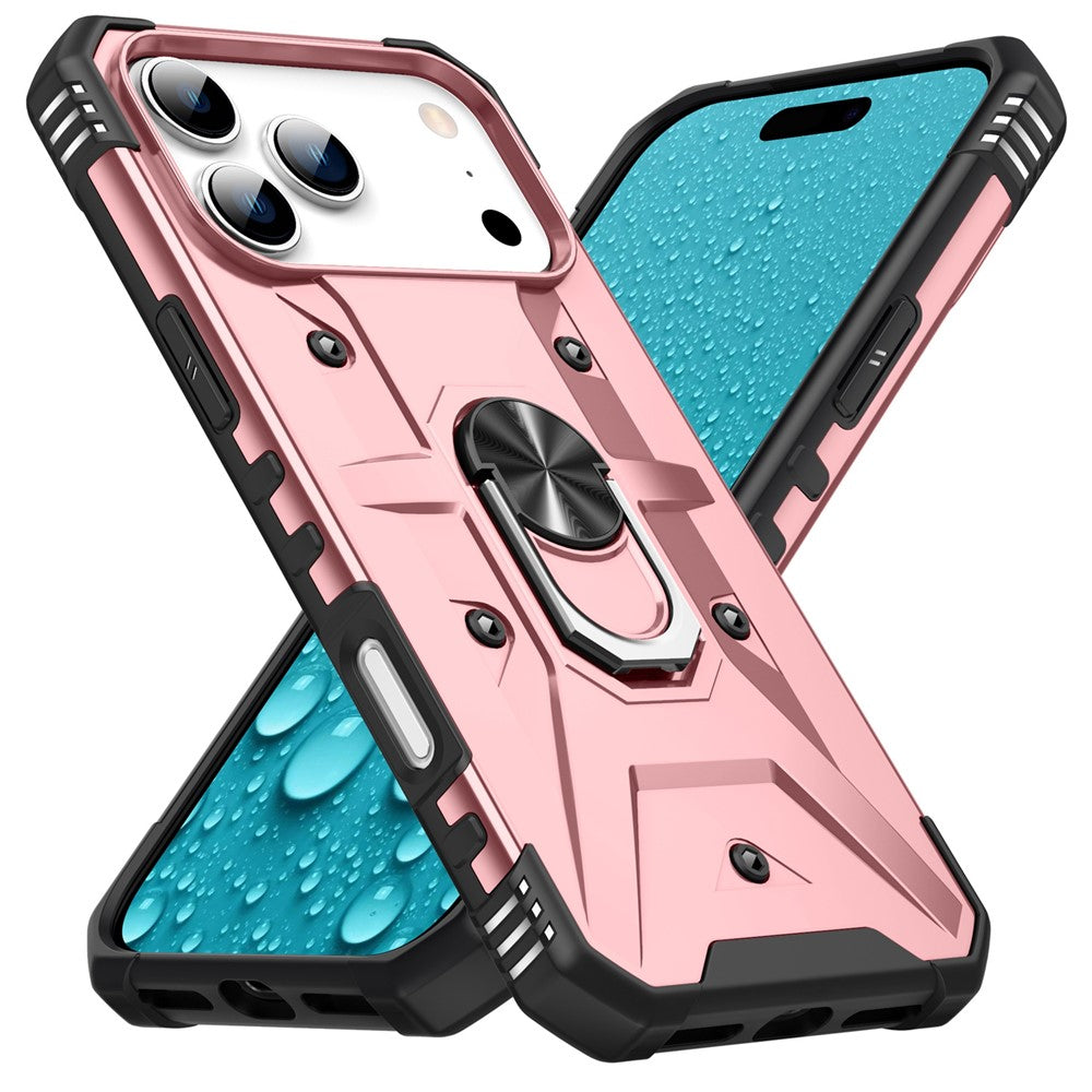 For iPhone 17 Pro Max Case PC + TPU Anti-Drop Phone Cover with Ring Kickstand - Rose Gold