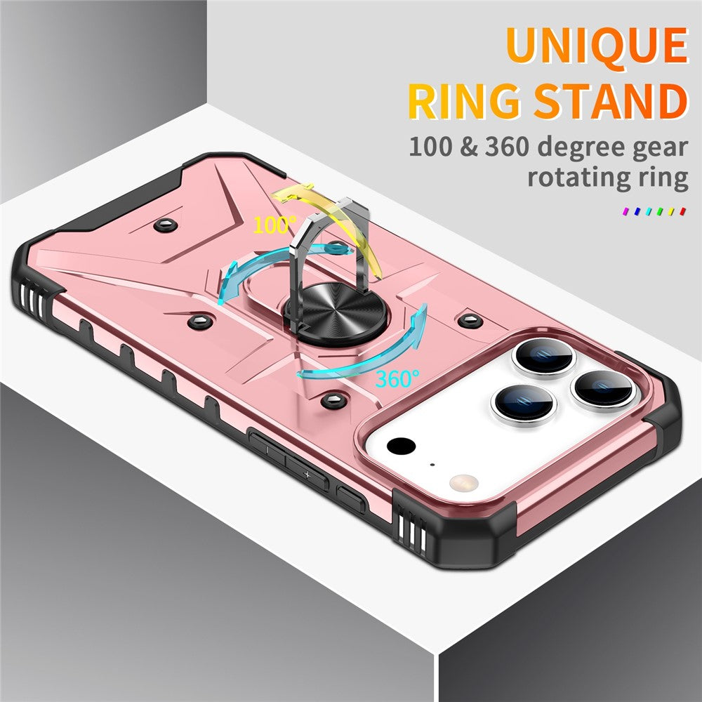 For iPhone 17 Pro Max Case PC + TPU Anti-Drop Phone Cover with Ring Kickstand - Rose Gold