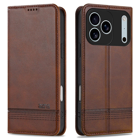 AZNS For iPhone 17 Pro Max Case Cowhide Texture PU Leather Wallet Phone Cover - Coffee