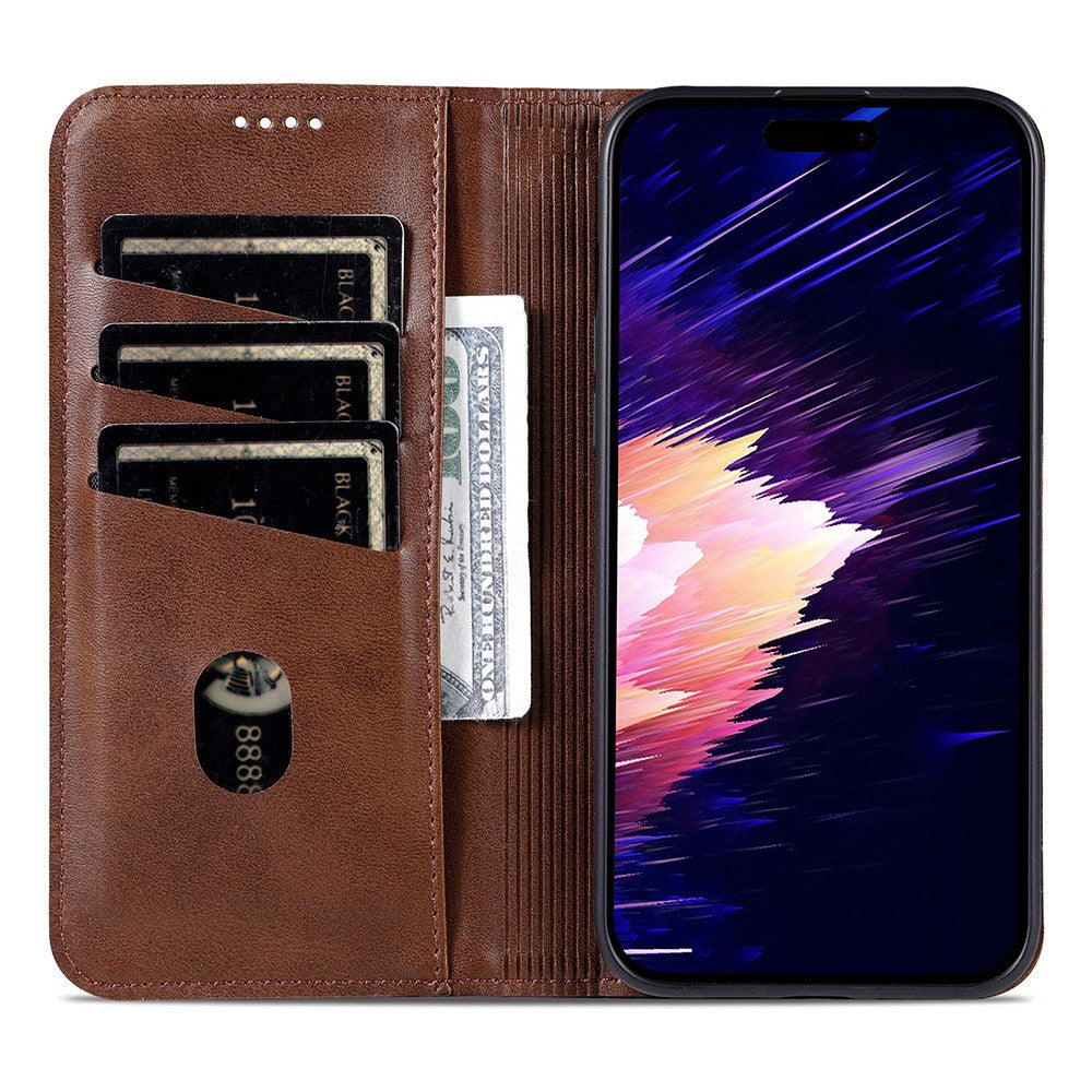 AZNS For iPhone 17 Pro Max Case Cowhide Texture PU Leather Wallet Phone Cover - Coffee