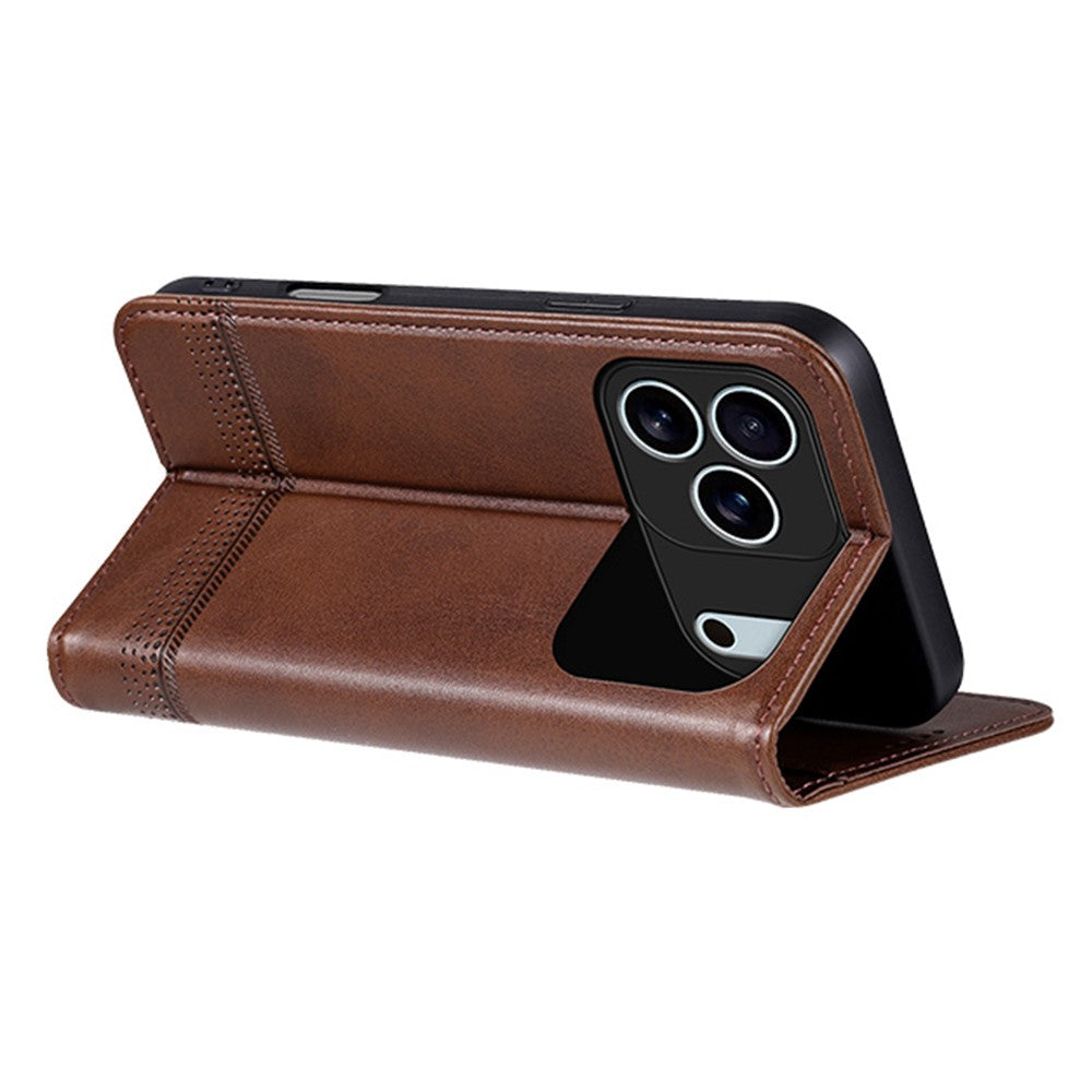 AZNS For iPhone 17 Pro Max Case Cowhide Texture PU Leather Wallet Phone Cover - Coffee