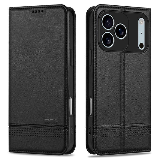 AZNS For iPhone 17 Pro Max Case Cowhide Texture PU Leather Wallet Phone Cover - Black
