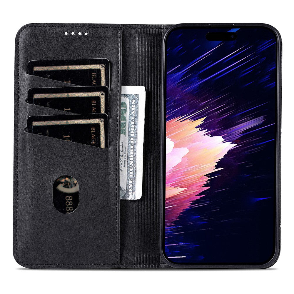 AZNS For iPhone 17 Pro Max Case Cowhide Texture PU Leather Wallet Phone Cover - Black