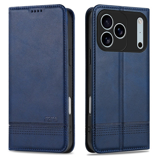 AZNS For iPhone 17 Pro Max Case Cowhide Texture PU Leather Wallet Phone Cover - Blue