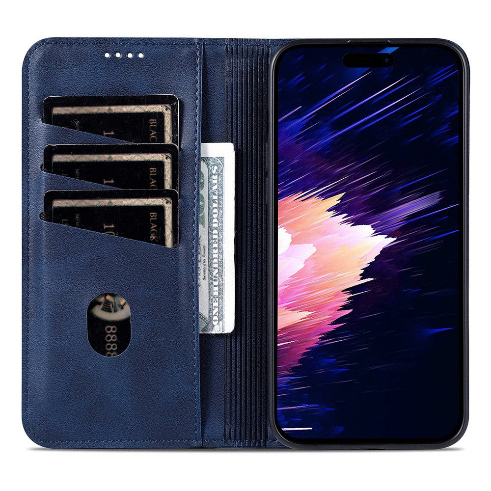 AZNS For iPhone 17 Pro Max Case Cowhide Texture PU Leather Wallet Phone Cover - Blue