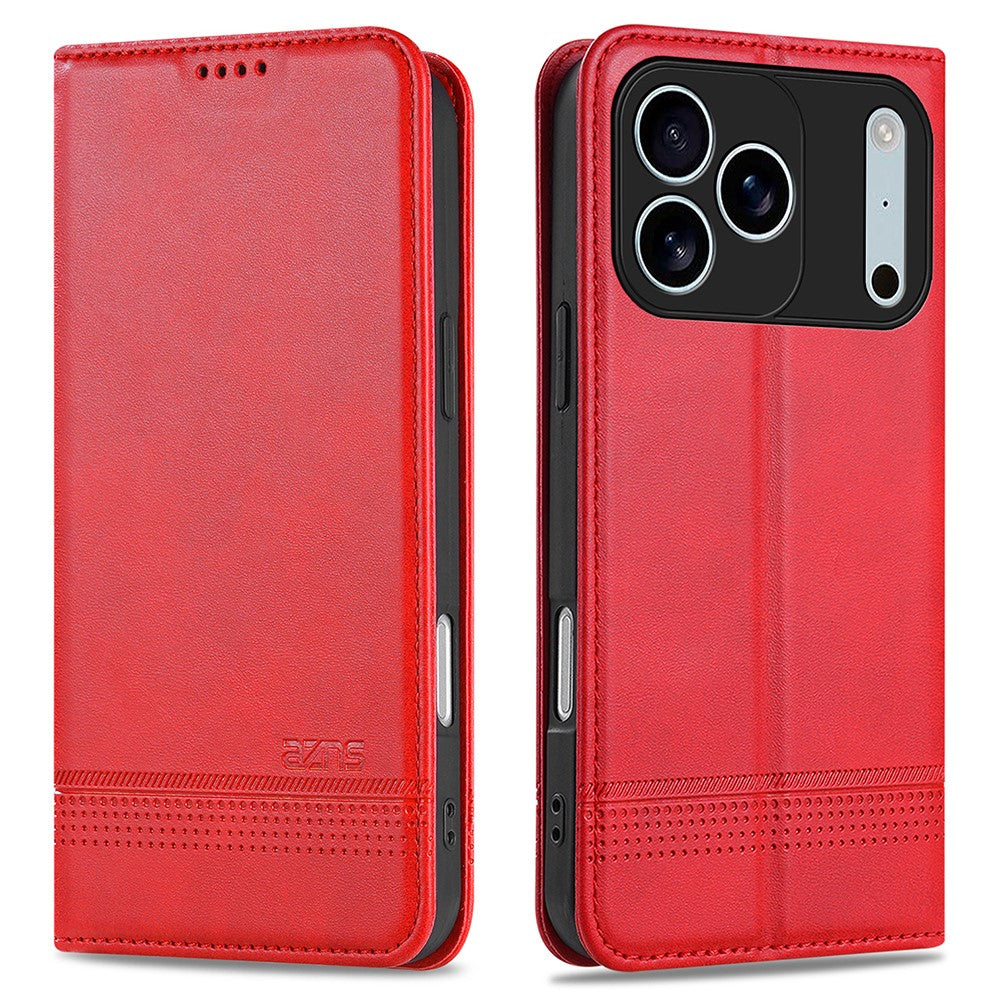 AZNS For iPhone 17 Pro Max Case Cowhide Texture PU Leather Wallet Phone Cover - Red