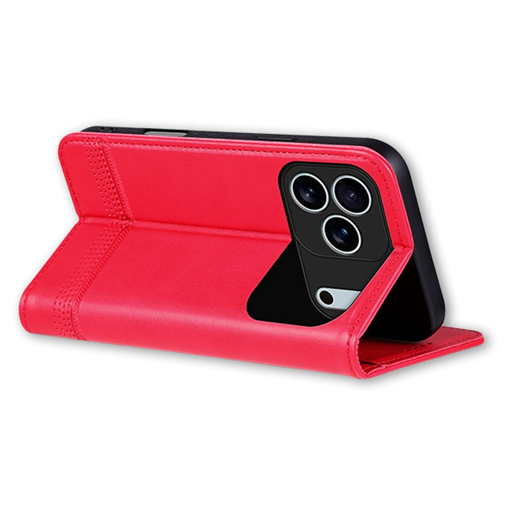 AZNS For iPhone 17 Pro Max Case Cowhide Texture PU Leather Wallet Phone Cover - Red