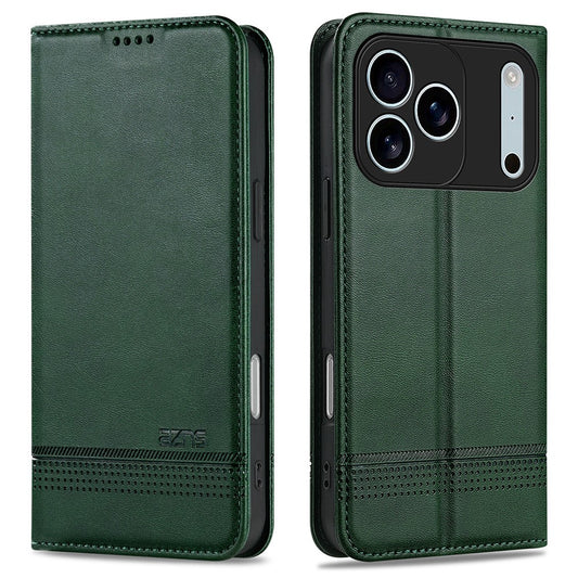 AZNS For iPhone 17 Pro Max Case Cowhide Texture PU Leather Wallet Phone Cover - Green