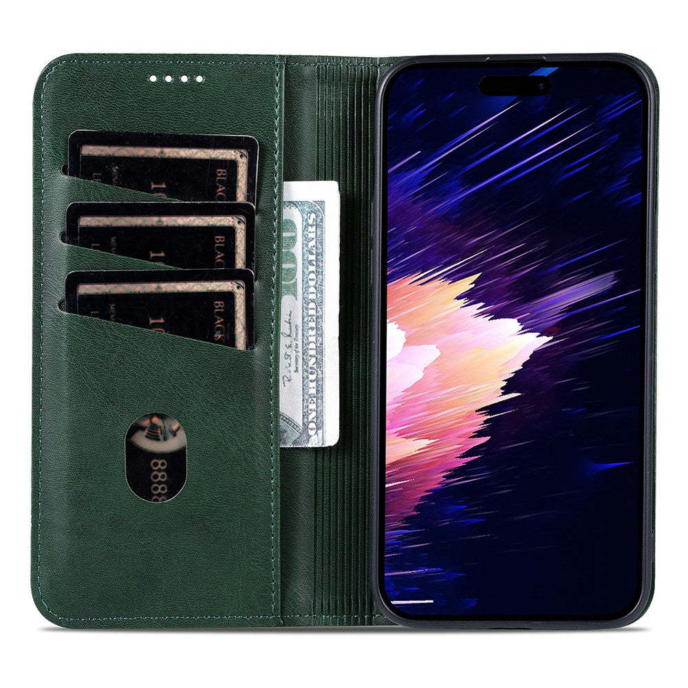AZNS For iPhone 17 Pro Max Case Cowhide Texture PU Leather Wallet Phone Cover - Green