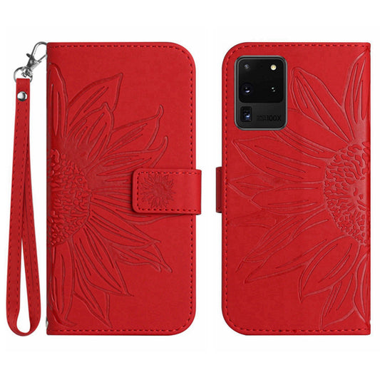 For Samsung Galaxy S20 Ultra HT04 Phone Case, All-round Shockproof Skin-Touch PU Leather Imprinted Sunflower Stand Wallet Cover with Hand Strap - Red