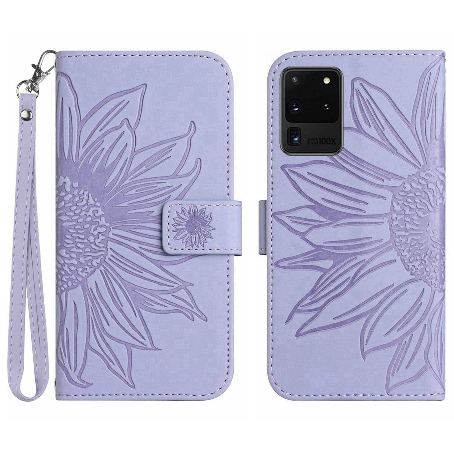 For Samsung Galaxy S20 Ultra HT04 Phone Case, All-round Shockproof Skin-Touch PU Leather Imprinted Sunflower Stand Wallet Cover with Hand Strap - Light Purple