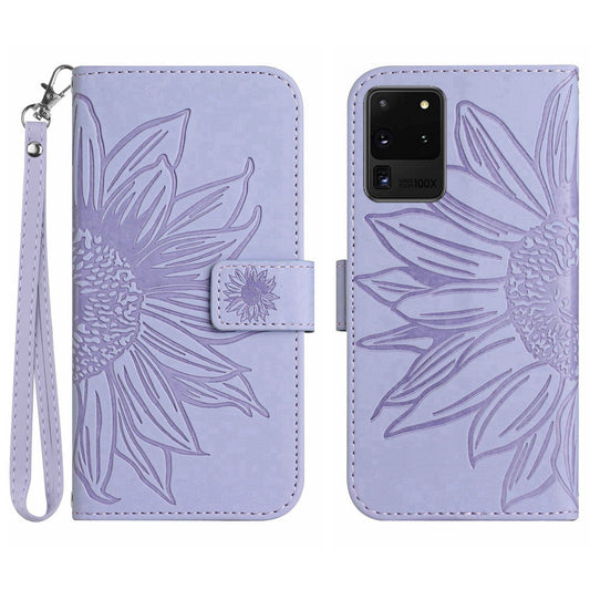 For Samsung Galaxy S20 Ultra HT04 Phone Case, All-round Shockproof Skin-Touch PU Leather Imprinted Sunflower Stand Wallet Cover with Hand Strap - Light Purple