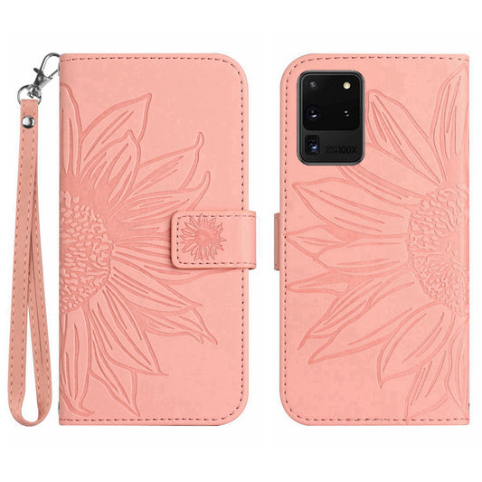 For Samsung Galaxy S20 Ultra HT04 Phone Case, All-round Shockproof Skin-Touch PU Leather Imprinted Sunflower Stand Wallet Cover with Hand Strap - Light Pink