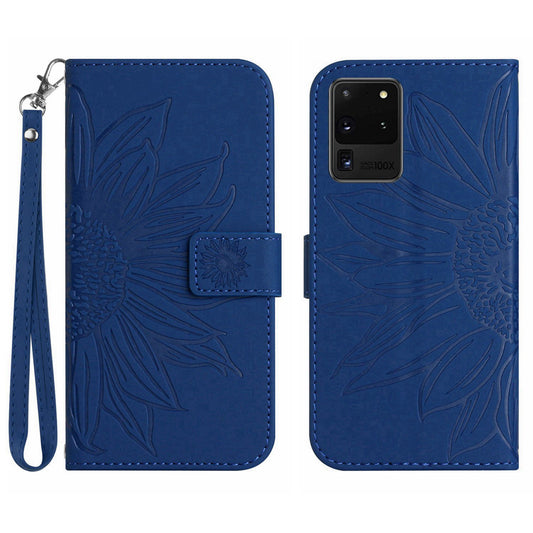 For Samsung Galaxy S20 Ultra HT04 Phone Case, All-round Shockproof Skin-Touch PU Leather Imprinted Sunflower Stand Wallet Cover with Hand Strap - Sapphire