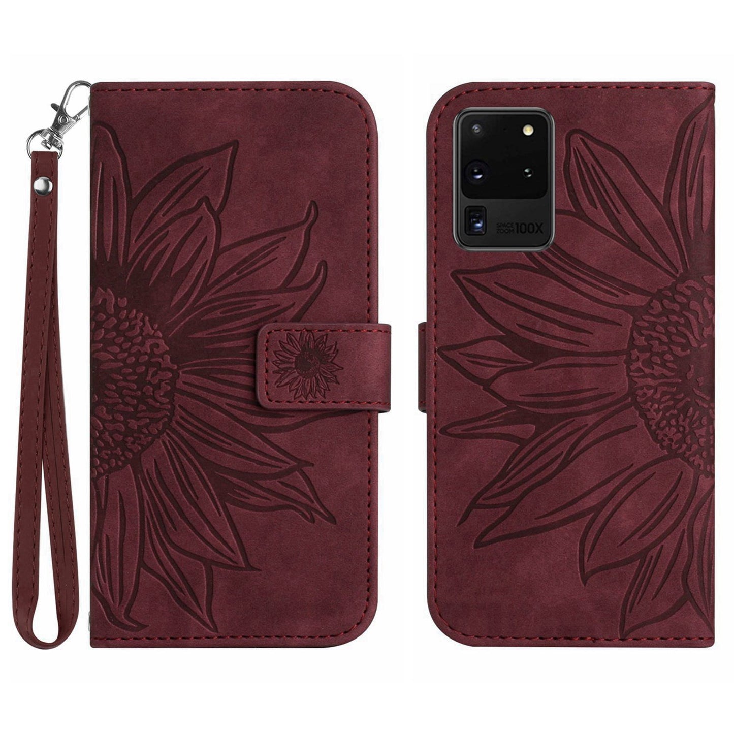 For Samsung Galaxy S20 Ultra HT04 Phone Case, All-round Shockproof Skin-Touch PU Leather Imprinted Sunflower Stand Wallet Cover with Hand Strap - Wine Red