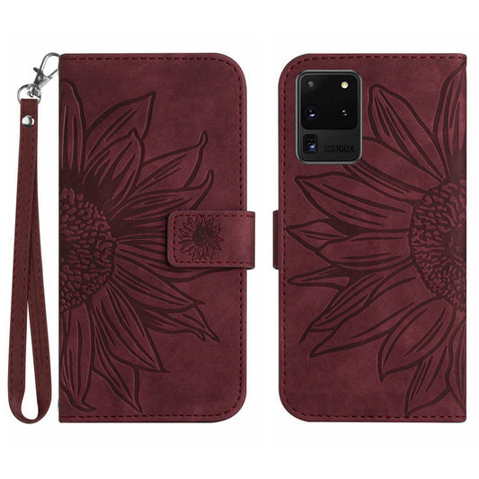For Samsung Galaxy S20 Ultra HT04 Phone Case, All-round Shockproof Skin-Touch PU Leather Imprinted Sunflower Stand Wallet Cover with Hand Strap - Wine Red