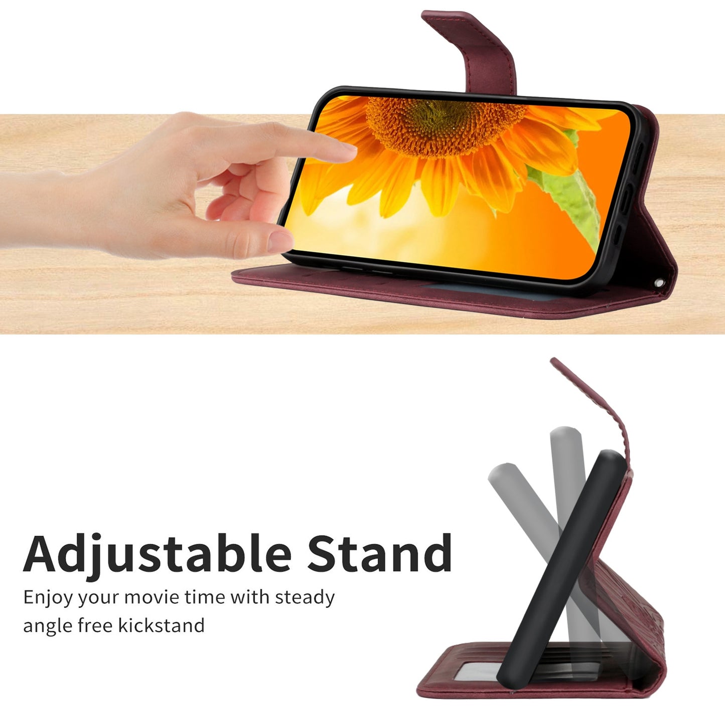 For Samsung Galaxy S20 Ultra HT04 Phone Case, All-round Shockproof Skin-Touch PU Leather Imprinted Sunflower Stand Wallet Cover with Hand Strap - Wine Red