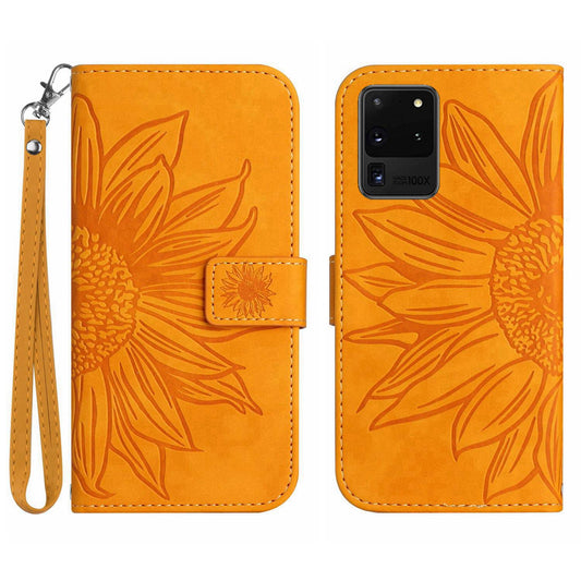 For Samsung Galaxy S20 Ultra HT04 Phone Case, All-round Shockproof Skin-Touch PU Leather Imprinted Sunflower Stand Wallet Cover with Hand Strap - Yellow