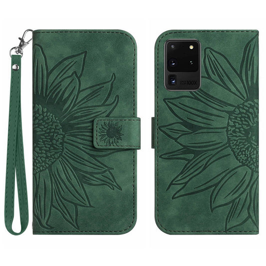 For Samsung Galaxy S20 Ultra HT04 Phone Case, All-round Shockproof Skin-Touch PU Leather Imprinted Sunflower Stand Wallet Cover with Hand Strap - Dark Green