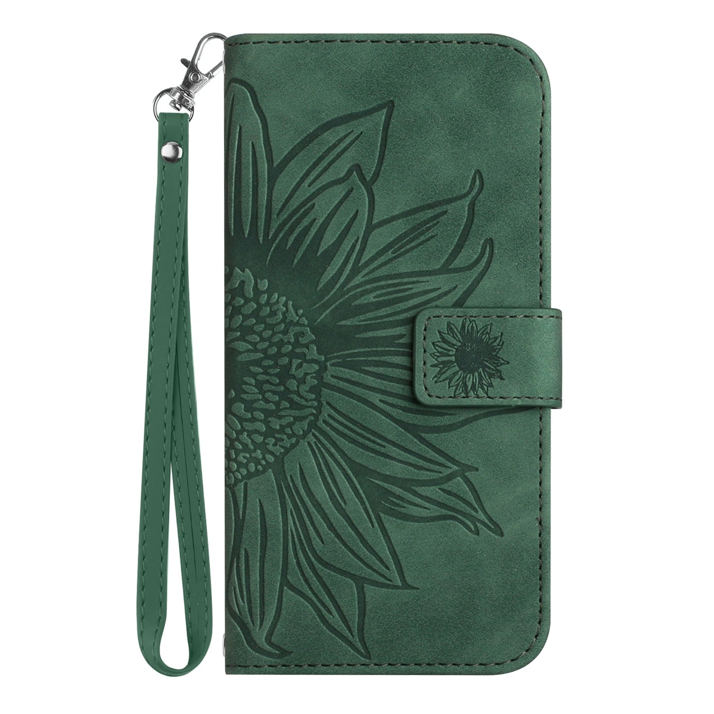 For Samsung Galaxy S20 Ultra HT04 Phone Case, All-round Shockproof Skin-Touch PU Leather Imprinted Sunflower Stand Wallet Cover with Hand Strap - Dark Green