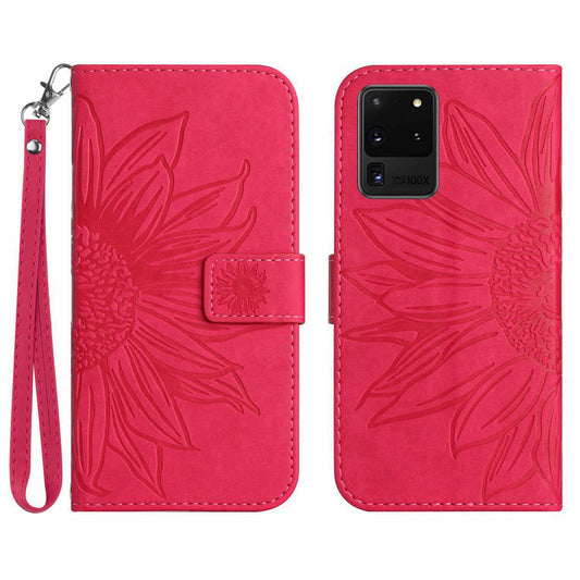 For Samsung Galaxy S20 Ultra HT04 Phone Case, All-round Shockproof Skin-Touch PU Leather Imprinted Sunflower Stand Wallet Cover with Hand Strap - Rose