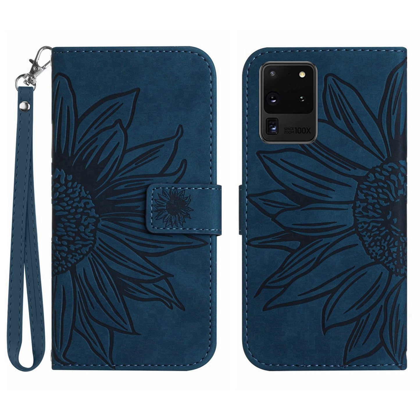 For Samsung Galaxy S20 Ultra HT04 Phone Case, All-round Shockproof Skin-Touch PU Leather Imprinted Sunflower Stand Wallet Cover with Hand Strap - Dark Blue