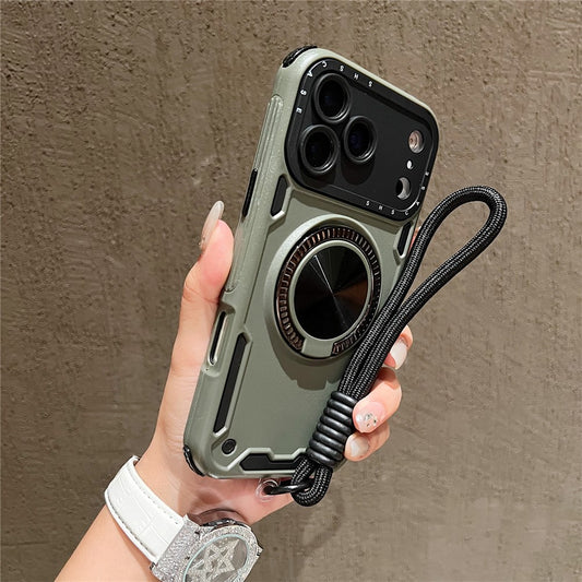 For iPhone 17 Pro Max Case with Strap, Ring Kickstand PC + TPU Shockproof Phone Back Cover - Green