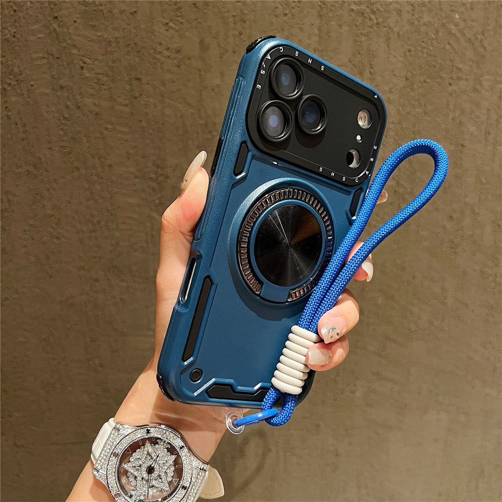 For iPhone 17 Pro Max Case with Strap, Ring Kickstand PC + TPU Shockproof Phone Back Cover - Blue