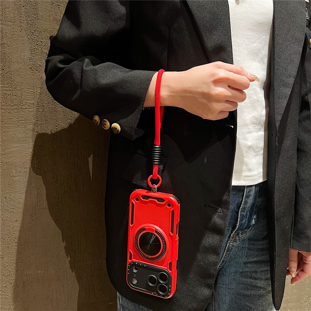 For iPhone 17 Pro Max Case with Strap, Ring Kickstand PC + TPU Shockproof Phone Back Cover - Blue