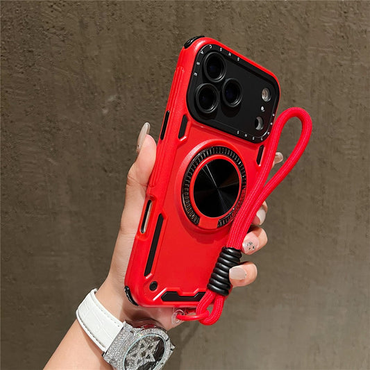 For iPhone 17 Pro Max Case with Strap, Ring Kickstand PC + TPU Shockproof Phone Back Cover - Red