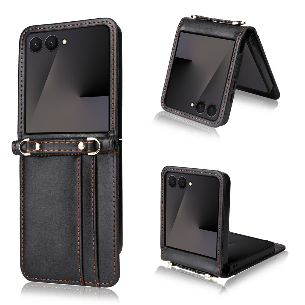 For Samsung Galaxy Z Flip7 5 Case Card Slots Leather Phone Cover with Lanyard - Black