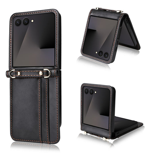 For Samsung Galaxy Z Flip7 5 Case Card Slots Leather Phone Cover with Lanyard - Black